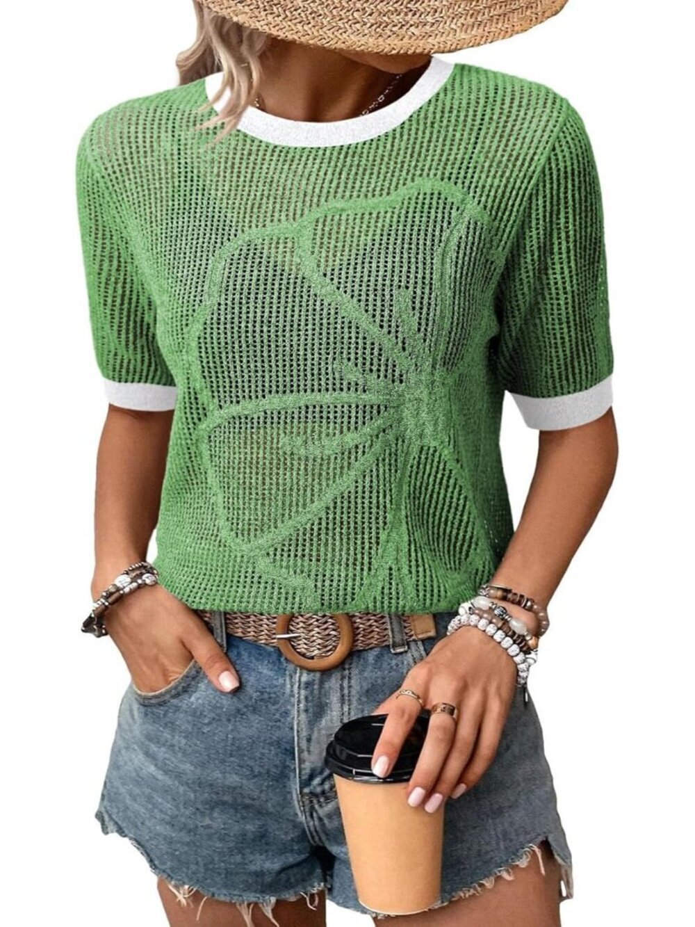 Women  Green Summer Short Hollow Out Floral Sweaters Beach Vacation Cruise Tops